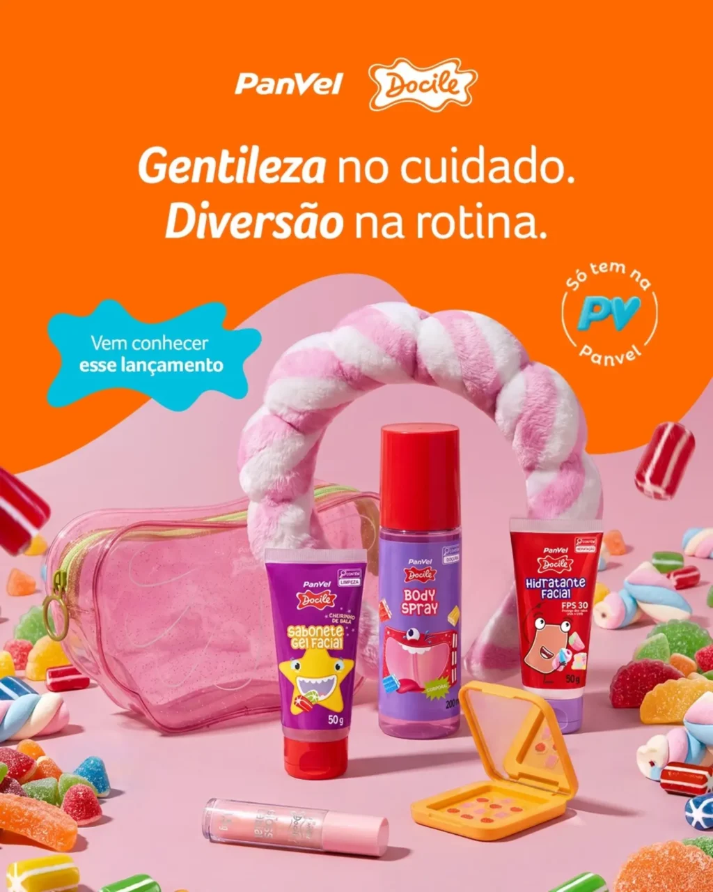 Campanha Panvel e Docile com produtos de beleza e mensagem “Gentileza no cuidado. Diversão na rotina.”