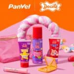 Produtos de beleza Panvel e Docile em embalagem colorida sobre cenário com doces e confetes