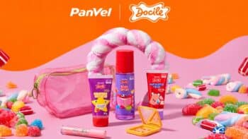 Panvel e Docile: linha de beleza com tema gourmand Produtos de beleza Panvel e Docile em embalagem colorida sobre cenário com doces e confetes