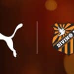Logo da PUMA e escudo do Divino FC sobre fundo marrom, com detalhes em preto e listras.