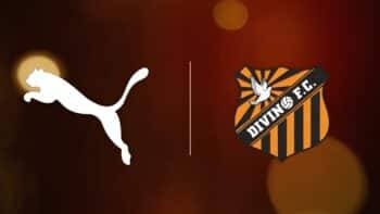 PUMA e escudo do Divino FC Logo da PUMA e escudo do Divino FC sobre fundo marrom, com detalhes em preto e listras.