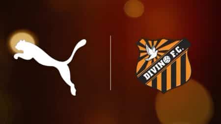 PUMA e escudo do Divino FC Logo da PUMA e escudo do Divino FC sobre fundo marrom, com detalhes em preto e listras.