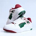 Tênis PUMA Slipstream branco com detalhes verdes e vermelhos, edição exclusiva para a torcida do Fluminense.