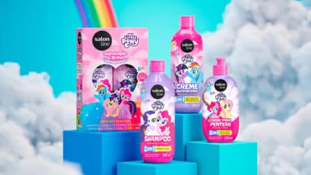 Salon Line My Little Pony: linha infantil de cuidados capilares Produtos infantis de cabelo da Salon Line com tema My Little Pony, incluindo shampoo, creme multifuncional e creme para pentear