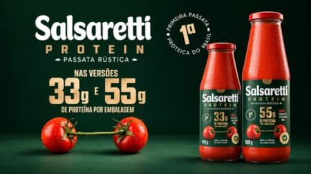 Salsaretti Protein com passata rústica e 33g/55g de proteína Imagem de divulgação da Salsaretti Protein, com passata rústica e colágeno hidrolisado, mostrando versões com 33g e 55g de proteína