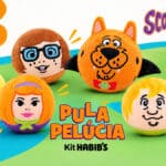 Peças colecionáveis do Scooby-Doo em pelúcia bola-pula, estilo Habib’s, com os personagens Pula Pelúcia