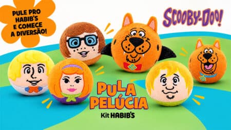 Peças colecionáveis do Scooby-Doo em pelúcia bola-pula, estilo Habib’s, com os personagens Pula Pelúcia