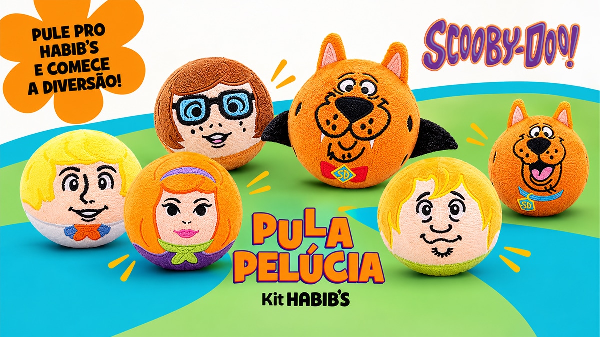 Colecionáveis de Scooby-Doo em formato bola-pula da parceria com Habib's