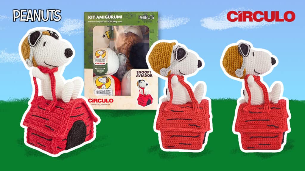 Kit Amigurumi Snoopy Aviador Círculo com Casinha Vermelha Imagem do kit de amigurumi Snoopy Aviador da Círculo, com casinha vermelha, fios e instruções para crochê.