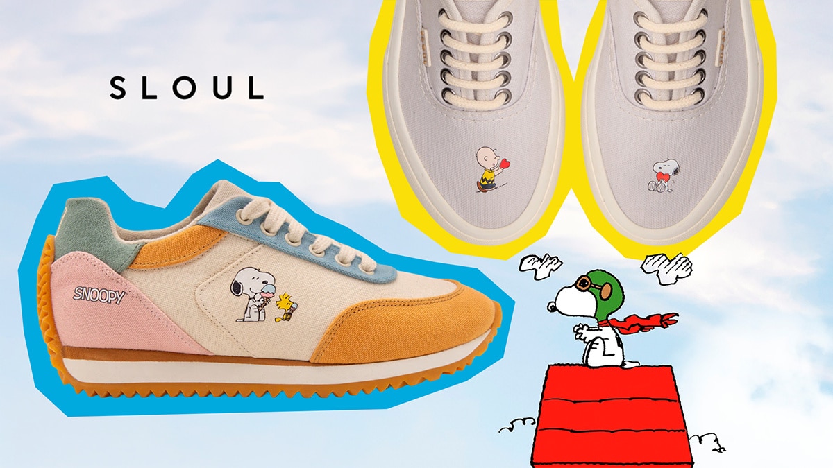 Tênis Sloul Snoopy Old Soul e Mantra exibindo detalhes sustentáveis