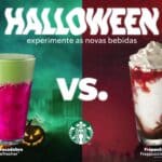Comparativo Starbucks Halloween com Abracadabra Refresher verde e roxo e Frappula Frappuccino vermelho e branco ao fundo