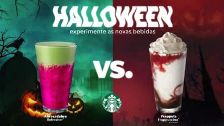 Starbucks Halloween: Abracadabra Refresher vs Frappula Frappuccino Comparativo Starbucks Halloween com Abracadabra Refresher verde e roxo e Frappula Frappuccino vermelho e branco ao fundo