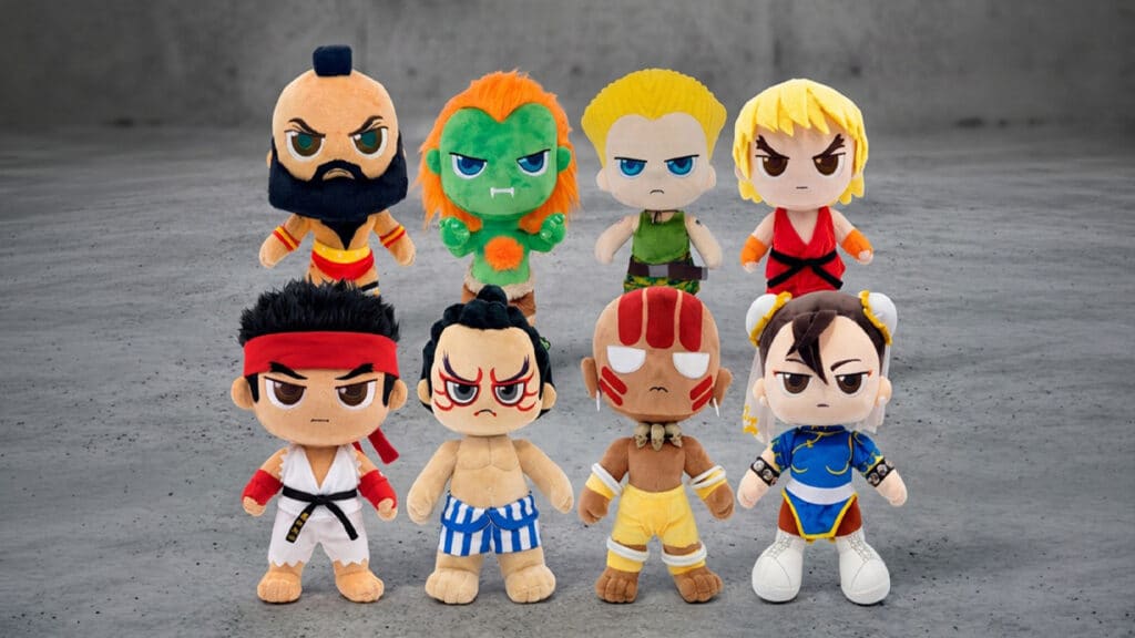 Street Fighter Plus: pelúcias colecionáveis de 8 personagens Conjunto de 8 pelúcias colecionáveis inspiradas em Street Fighter em fundo cinza