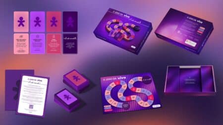Vivo: jogo de tabuleiro para uso consciente da tecnologia Jogo de tabuleiro da Vivo com peças e cartas em destaque, promovendo uso consciente da tecnologia