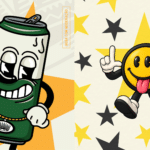 Ilustração com dois personagens de copo e um emoji sorridente, em fundo amarelo com estrelas, representando comunicação e marketing.