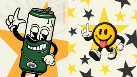 Ilustração com personagens de copo e emoji sorridente Ilustração com dois personagens de copo e um emoji sorridente, em fundo amarelo com estrelas, representando comunicação e marketing.